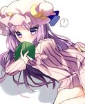  1girl blush book breasts covering_mouth crescent crescent_hair_ornament dress hair_ornament hat long_hair long_sleeves looking_at_viewer lying medium_breasts mob_cap morinaga_kobato on_side patchouli_knowledge purple_dress purple_eyes purple_hair solo spoken_exclamation_mark striped striped_dress thighs touhou very_long_hair 