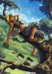  1girl barefoot blonde_hair blush book capri_pants feet hot in_tree lying maxa' midriff nature navel on_back pants running short_hair soles stampede sweat tild_-_mage_a_louer tild_framith tree tree_branch tree_shade vest waking_up 