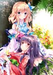  amelie-san_(nogi_takayoshi) blue_eyes brown_hair detached_sleeves frills japanese_clothes kimono lap_pillow lolita_fashion long_hair lying_on_person mio-chan_(nogi_takayoshi) multiple_girls nogi_takayoshi original purple_hair red_eyes smile wa_lolita yuri 