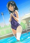  absurdres black_hair green_eyes highres long_hair one-piece_swimsuit original pool pool_ladder power_lines school_swimsuit solo standing super_bakemono swimsuit thighhighs wading water 