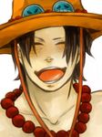  1boy fire freckles hat male male_focus necklace one_piece open_mouth portgas_d_ace smile solo stampede_string tattoo topless 
