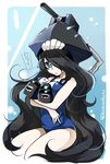  black_hair blue_eyes breasts collarbone hair_over_one_eye hat kaisanbutsu kantai_collection large_breasts long_hair name_tag one-piece_swimsuit school_swimsuit shinkaisei-kan so-class_submarine solo swimsuit translated turret twitter_username very_long_hair white_skin 