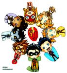  4boys 4girls arrowette bart_allen black_hair blonde_hair blue_eyes bodysuit boots cape cassandra_sandsmark chibi dark_skin dc_comics domino_mask empress_(dc) goggles goggles_on_head greta_hayes impulse lobo mask multiple_boys multiple_girls open_mouth pale_skin purple_eyes red_tornado robin_(dc) s_shield secret_(dc) superboy tim_drake wonder_girl yellow_eyes young_justice 