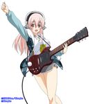  artist_request blush breasts company_name electric_guitar guitar hair_between_eyes headphones highres instrument large_breasts long_hair looking_at_viewer nitro+_blasterz nitroplus official_art open_mouth pink_eyes pink_hair pom_pom_(clothes) raglan_sleeves skirt smile solo source_request super_sonico 