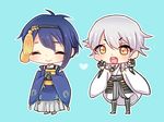  ^_^ armor black_gloves blue_background blue_hair chibi closed_eyes cup gloves hakama heart hoppu japanese_armor japanese_clothes kusazuri male_focus mikazuki_munechika multiple_boys open_mouth partly_fingerless_gloves silver_hair simple_background smile touken_ranbu tsurumaru_kuninaga yunomi 