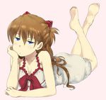  :| bad_feet bare_shoulders barefoot blue_eyes blush brown_hair closed_mouth collarbone elbow_rest feet feet_up full_body gedou_(ge_ge_gedou) hair_ornament hand_on_own_chin jitome long_hair looking_at_viewer lying neon_genesis_evangelion nightgown on_stomach pink_background plantar_flexion simple_background solo souryuu_asuka_langley the_pose two_side_up 