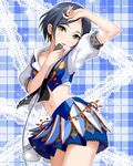  alternate_costume artist_request bangs black_hair blue_skirt blush earrings hayami_kanade idolmaster idolmaster_cinderella_girls jewelry jpeg_artifacts microphone midriff official_art parted_bangs short_hair skirt skirt_set solo sparkle vintage_microphone yellow_eyes 