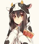  :t akagi_(kantai_collection) animal_costume bag blush brown_hair chips cow_costume eating food hiiragi_hajime hood kantai_collection long_hair orange_eyes potato_chips revision solo upper_body 