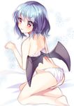  :p ass back barefoot bat_wings blue_hair blush bra cinderella_bust floral_background lingerie looking_at_viewer looking_back morinaga_kobato no_hat no_headwear panties red_eyes remilia_scarlet short_hair simple_background smile solo tongue tongue_out touhou underwear underwear_only v-shaped_eyebrows wings 