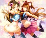  animal_ears bell black_legwear blue_eyes brown_hair cat_ears cat_tail fur green_eyes horns houjou_hibiki long_hair midriff minamino_kanade multiple_girls navel outstretched_arm panther_pink_(precure) precure skirt smile suite_precure tail thighhighs toromi_chuuka wrist_cuffs 