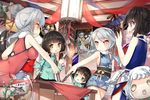  &gt;:( :3 :t ? arm_up blush breasts brown_eyes brown_hair chao_ho_(zhan_jian_shao_nyu) chinese_clothes chongqing_(zhan_jian_shao_nyu) chopsticks dartboard darts fishbowl food frown green_eyes grey_hair hair_bun hair_ribbon highres holding kaga_(zhan_jian_shao_nyu) low_twintails medium_breasts multiple_girls ning_hai_(zhan_jian_shao_nyu) obi official_art open_mouth orange_eyes picture_(object) ping_hai_(zhan_jian_shao_nyu) ribbon saru sash scissors short_twintails side_ponytail solid_circle_eyes solid_oval_eyes spoken_question_mark table tablecloth television torch tray twintails v-shaped_eyebrows wavy_mouth yat_sen_(zhan_jian_shao_nyu) yellow_eyes ying_swei_(zhan_jian_shao_nyu) zhan_jian_shao_nyu 