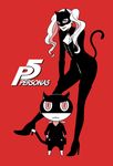  :3 cat_mask catsuit cleavage_cutout copyright_name hands_on_hips high_heels long_hair looking_at_viewer mask monochrome morgana_(persona_5) multiple_girls persona persona_5 red_background simple_background sketch standing tail takamaki_anne twintails v-shaped_eyebrows 