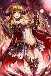  armor bare_shoulders bikini_armor blonde_hair boots breasts cape chain_chronicle cleavage demon_girl demon_horns elbow_gloves fantasy gauntlets gloves horns large_breasts looking_at_viewer midriff navel red_eyes showgirl_skirt solo sumapan thigh_boots thighhighs 