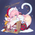  1girl ahoge animal_ear_fluff animal_ears arm_rest ass bangs bare_shoulders bent_over blue_background blue_eyes blurry blush bow box candy candy_cane cat_ears cat_tail christmas crop_top depth_of_field doll eyebrows_visible_through_hair fiodo food full_body fur-trimmed_legwear fur_trim hair_between_eyes hair_ribbon hat heart highres kneeling long_hair long_sleeves looking_at_viewer merry_christmas nail_polish no_shoes off_shoulder original panties pink_hair purple_hair red_hair red_hat ribbon santa_hat sleeves_past_wrists solo striped striped_legwear sweater tail thighhighs thighs underwear white_sweater yellow_bow yellow_nails yellow_panties 