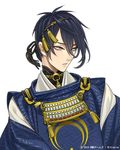  blue_hair commentary_request company_name dated green_eyes ipev japanese_clothes jpeg_artifacts male_focus md5_mismatch mikazuki_munechika nitroplus official_art parted_lips sayagata simple_background solo touken_ranbu upper_body watermark white_background 