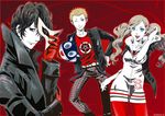  2girls amamiya_ren cat earrings jewelry morgana_(persona_5) multiple_boys multiple_girls pantyhose persona persona_5 red_legwear sakamoto_ryuuji shuujin_academy_uniform takamaki_anne wakky_(rari-cat) 