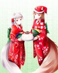  2girls absurdres animal_ears bangs blush bow brown_hair cake christmas christmas_cake commentary_request ears_through_headwear english_text eyebrows_visible_through_hair female food fudo_shin green_bow hair_bow hair_ornament hairclip hat highres holding holding_cake holding_food holding_plate holo japanese_clothes kimono long_hair looking_at_viewer mother_and_daughter multiple_girls myuri_(spice_and_wolf) obi plate print_kimono red_bow red_eyes red_hat red_kimono santa_hat sash shinsetsu_spice_and_wolf silver_hair smile snowflake_print snowman_print spice_and_wolf standing tail text_focus wolf_ears wolf_girl wolf_tail yukata 