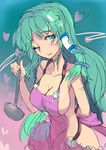  apron blush breasts colorized frog_hair_ornament gradient gradient_background green_eyes green_hair hair_ornament hair_tubes heart kochiya_sanae ladle large_breasts long_hair looking_at_viewer naked_apron one_eye_closed open_mouth ribbon simple_background sinzan sketch smile snake_hair_ornament solo touhou 