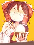  :i ascot blush bowl brown_hair chopsticks closed_eyes detached_sleeves eating food food_on_face full_mouth hair_ornament hair_ribbon hair_tubes hakurei_reimu japanese_clothes kuresento long_sleeves miko ribbon rice rice_bowl rice_on_face shirt short_hair simple_background solo table touhou wide_sleeves yellow_background 