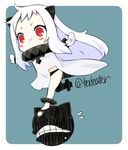  ahoge blush_stickers covered_mouth horns ishimari kantai_collection long_hair looking_at_viewer mittens northern_ocean_hime outstretched_arms red_eyes shinkaisei-kan spread_arms twitter_username white_hair white_skin 