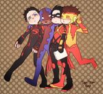  4boys bart_allen belt black_hair blue_eyes boots brown_hair bunker_(dc) cape dark_skin dc_comics domino_mask kid_flash knee_pads male_focus mask multiple_boys polka_dot_background red_robin s_shield smile superboy teen_titans tim_drake v 