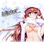  blue_eyes blush body_writing breasts english engrish gloves hat heart large_breasts long_hair looking_at_viewer migumigu mittens naked_scarf orange_hair original ranguage scarf snow snowflakes solo topless very_long_hair white_gloves white_scarf 