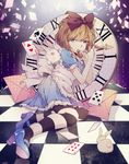  alice_(wonderland) alice_(wonderland)_(cosplay) alice_in_wonderland animal_ears apron blue_eyes bunny bunny_ears card cosplay dress haibara_ai highres lei_yaya md5_mismatch meitantei_conan pantyhose playing_card solo striped striped_legwear white_rabbit 