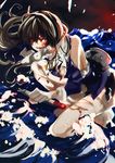  ashigara_(kantai_collection) brown_hair bruise chromatic_aberration gloves hairband injury kantai_collection long_hair myama ocean pantyhose red_eyes solo torn_clothes torn_legwear torpedo waves 