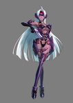  1girl blue_eyes breasts dark_skin detached_sleeves gun highres large_breasts long_hair namco official_art project_x_zone smile solo t-elos thighhighs underboob weapon white_hair xenosaga xenosaga_episode_iii 
