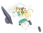  blonde_hair blue_eyes keyboard_(computer) leg_up long_hair long_sleeves lying monitor on_stomach original panties pantyshot pantyshot_(lying) pen pleated_skirt school_uniform serafuku shimotsuki_potofu shirt skirt solo thighhighs underwear white_legwear white_panties xiao_yinbie 