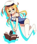  blonde_hair blue_eyes book glasses hat i-8_(kantai_collection) kantai_collection long_hair one-piece_swimsuit school_swimsuit sharlorc smile solo swimsuit torpedo twintails 