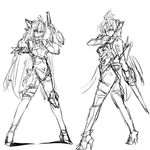  android breasts gun kos-mos large_breasts long_hair monochrome multiple_girls negresco open_legs t-elos weapon xenosaga 