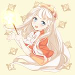  acorn_owl bad_id bad_twitter_id blue_eyes blush bow capelet cookie_run cream_puff_cookie hat long_hair looking_at_viewer lowres mery_(apfl0515) open_mouth personification solo very_long_hair wand white_hair 