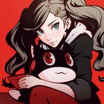  :3 brown_hair cat commentary earrings hair_ornament ilya_kuvshinov jewelry long_hair looking_at_viewer md5_mismatch morgana_(persona_5) pantyhose persona persona_5 red_background red_eyes red_legwear simple_background takamaki_anne twintails 