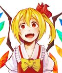  asymmetrical_wings bad_id bad_pixiv_id blonde_hair collarbone dress fangs flandre_scarlet hair_between_eyes kobaji looking_at_viewer no_hat no_headwear open_mouth red_dress red_eyes ribbon short_hair side_ponytail slit_pupils solo touhou upper_body wings 