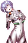  :o akahige arched_back ayanami_rei bangs blue_hair blush bodysuit bracer breasts cowboy_shot drooling gloves hair_between_eyes headgear highres looking_at_viewer medium_breasts neon_genesis_evangelion open_mouth pilot_suit plugsuit red_eyes saliva self_fondle short_hair simple_background solo tears turtleneck white_background white_bodysuit 