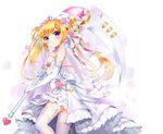  blonde_hair blush breasts character_request cleavage dress elbow_gloves flower garter_straps gloves headdress heart heart-shaped_pupils long_hair looking_at_viewer mvv petals purple_eyes rose scythe small_breasts solo symbol-shaped_pupils thighhighs weapon wedding_dress white_legwear zhan_ji_tian_xia 