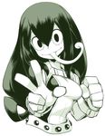  asui_tsuyu black_eyes black_hair bodysuit boku_no_hero_academia breasts frog_girl gloves long_hair long_tongue medium_breasts monochrome solo space_jin tongue tongue_out v 