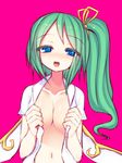  blue_eyes blush breast_squeeze breasts cleavage collarbone daiyousei dress_shirt fairy_wings green_hair hair_ribbon half-closed_eyes kuresento large_breasts long_hair naked_shirt navel no_bra open_clothes open_mouth open_shirt pink_background ribbon shirt side_ponytail simple_background smile solo touhou very_long_hair wings 