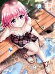  blush demon_tail dress feet flower from_above hair_flower hair_ornament highres looking_at_viewer looking_up momo_velia_deviluke no_shoes outdoors pavement pink_hair purple_eyes sandals short_hair smile solo tail to_love-ru toenail_polish toenails toes xyomouse 