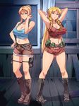  2girls adjusting_hair armpits arms_up bangs belt bible_black blonde_hair blue_eyes boots breasts choose cleavage discipline drill_hair erect_nipples feet hair_bun hair_ribbon hand_on_hip highres huge_breasts legs long_hair looking_at_viewer midriff morimoto_leona morimoto_reina multiple_girls navel nightmare_express ribbon saeki_kaori serious shiraki_rika shorts standing thighs window wood 