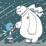  baymax big_hero_6 blue_hair bow cirno fist_bump hair_bow ice ice_wings letty_whiterock lowres onikobe_rin scarf snowing touhou wings 