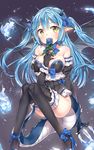  bad_id bad_twitter_id blue_flower blue_hair blue_rose blush breasts cleavage copyright_request dress flower garter_straps hidden_mouth highres horns large_breasts long_hair magic monster_girl no_panties pointy_ears rose short_dress solo staff tail wings yellow_eyes yuran 