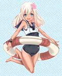  bare_arms barefoot blonde_hair blue_eyes blush error flower flower_ornament hair_flower hair_ornament highres innertube kantai_collection long_hair looking_at_viewer nikke_(cherish) open_mouth polka_dot polka_dot_background ro-500_(kantai_collection) school_swimsuit school_uniform serafuku swimsuit swimsuit_under_clothes thighs wrong_feet 