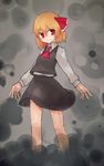  ascot blonde_hair darkness hair_ribbon masa_(neku) red_eyes ribbon rumia shirt short_hair skirt smile solo touhou vest 