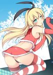  :o ass blonde_hair blush breasts chiyami christmas elbow_gloves gloves green_eyes hairband highres kantai_collection long_hair looking_back panties red_gloves santa_costume shimakaze_(kantai_collection) sideboob skirt small_breasts solo striped striped_legwear thighhighs underwear 