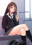  bag brown_hair cardigan cellphone crossed_legs green_eyes hand_in_pocket highres idolmaster idolmaster_cinderella_girls long_hair necktie phone red-p school_bag school_uniform shibuya_rin sitting smartphone solo thighs 