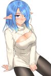  arm_support bangs black_legwear blue_eyes blue_hair blush breasts character_request cleavage_cutout elf hair_over_one_eye highres large_breasts long_sleeves meme_attire open-chest_sweater pantyhose phantasy_star phantasy_star_online_2 pointy_ears ryou@ryou simple_background sitting solo sweatdrop sweater swept_bangs turtleneck white_background 