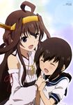  :d ^_^ absurdres ahoge brown_eyes brown_hair closed_eyes detached_sleeves eyebrows_visible_through_hair fubuki_(kantai_collection) hair_between_eyes headband highres holding_hands ibata_shouta kantai_collection kantai_collection_(anime) kongou_(kantai_collection) multiple_girls nontraditional_miko nyantype official_art open_mouth remodel_(kantai_collection) school_uniform serafuku smile 