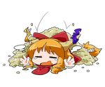  beans blonde_hair bow byourou closed_eyes hair_bow horn_ribbon horns ibuki_suika long_hair open_mouth orange_hair ribbon setsubun solo tears touhou unhappy 